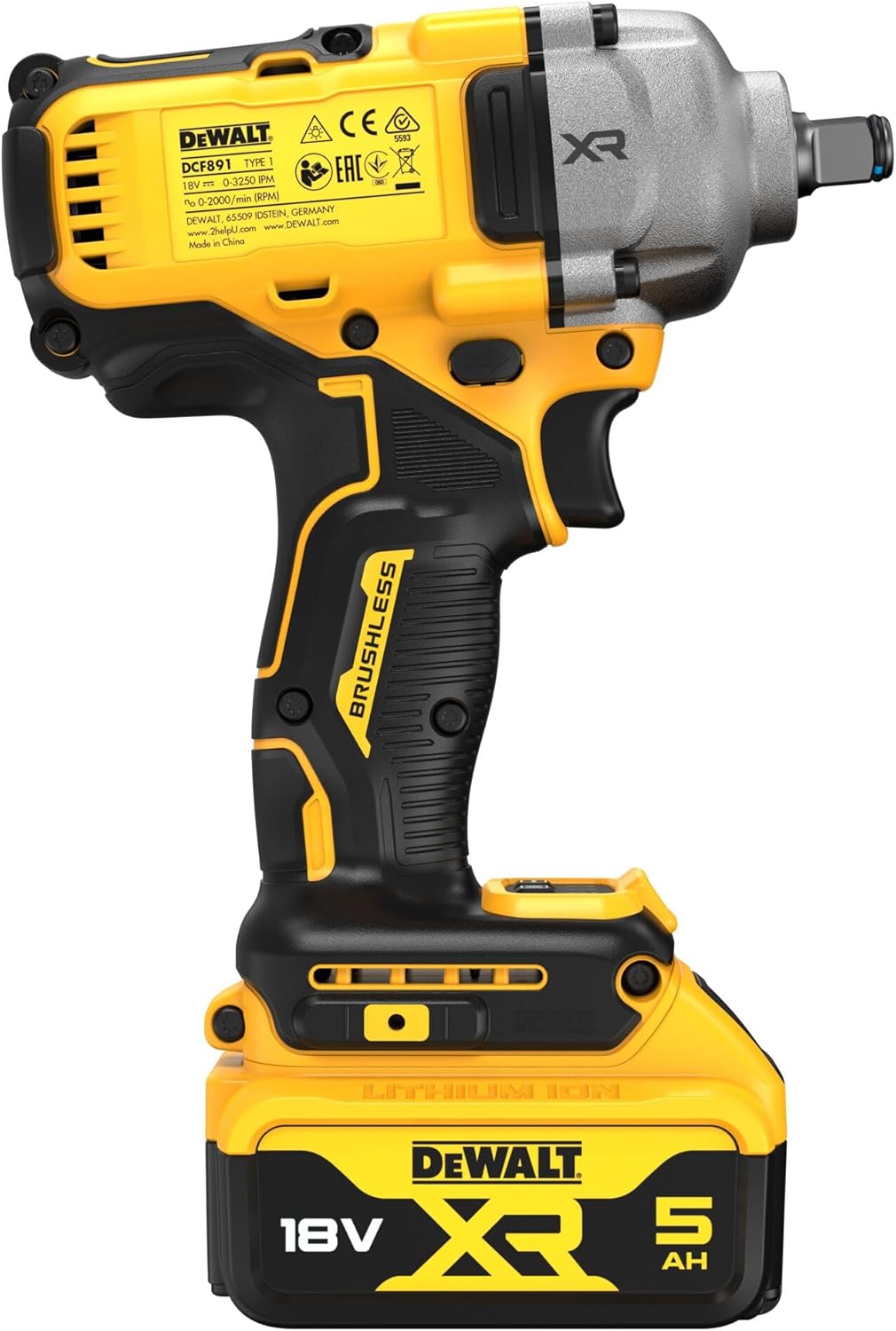DEWALT Avvitatore a impulsi di fascia media 18V XR Brusless con 2 pacchi batteria XR 18V 5.0Ah e caricabatterie multitensione, DCF892P2T-QW