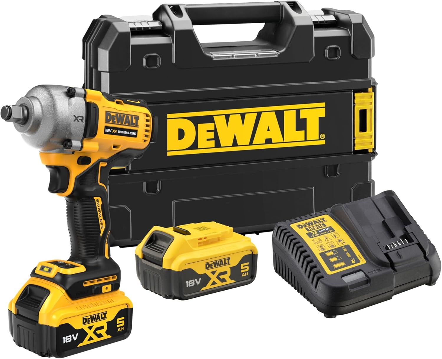 DEWALT Avvitatore a impulsi di fascia media 18V XR Brusless con 2 pacchi batteria XR 18V 5.0Ah e caricabatterie multitensione, DCF892P2T-QW